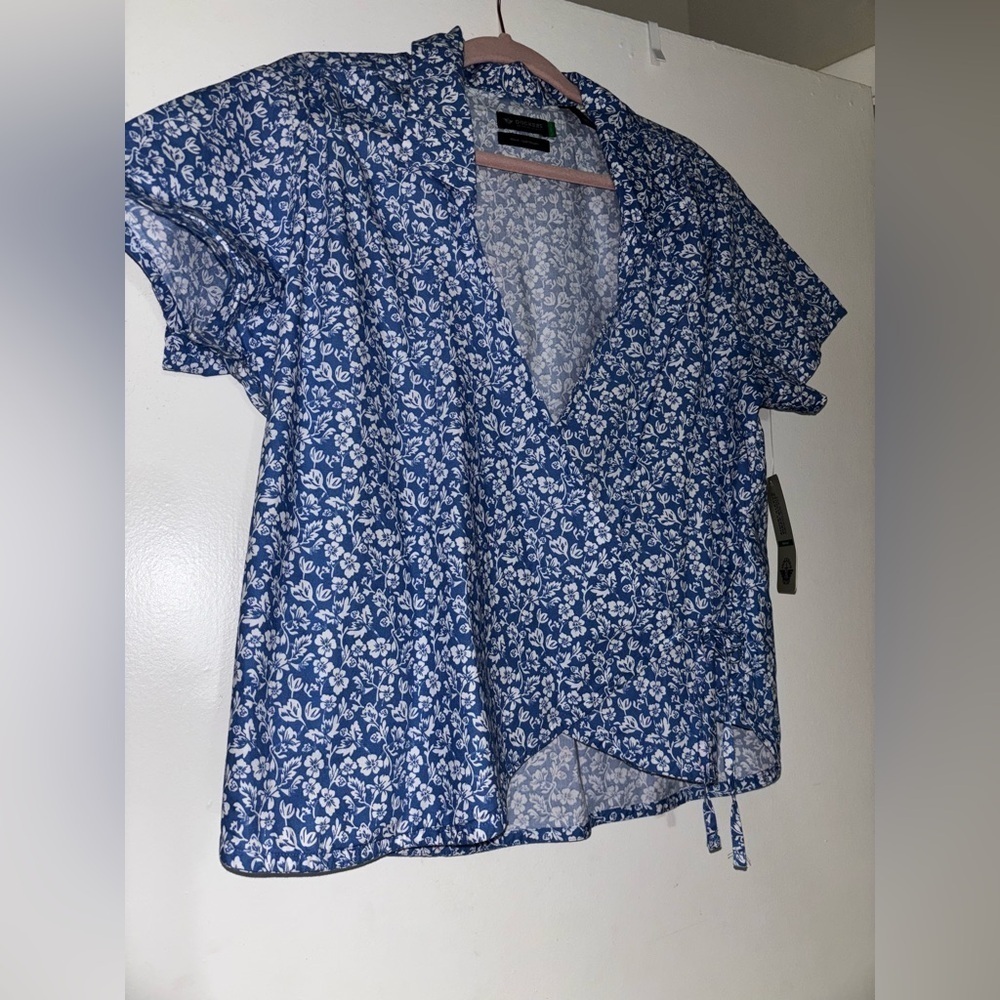 Dockers Blue Tie Front Notched Collar Blouse NWT